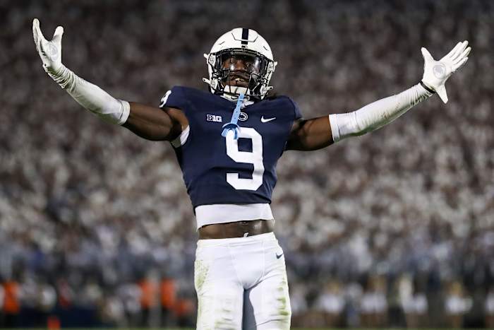 Penn State cornerback Joey Porter Jr. gestures to Nittany Lions fans at Beaver Stadium.